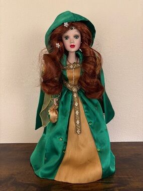 16” Redheaded Porcelain Doll in Green and Gold Gown With Cloak w/ Stand